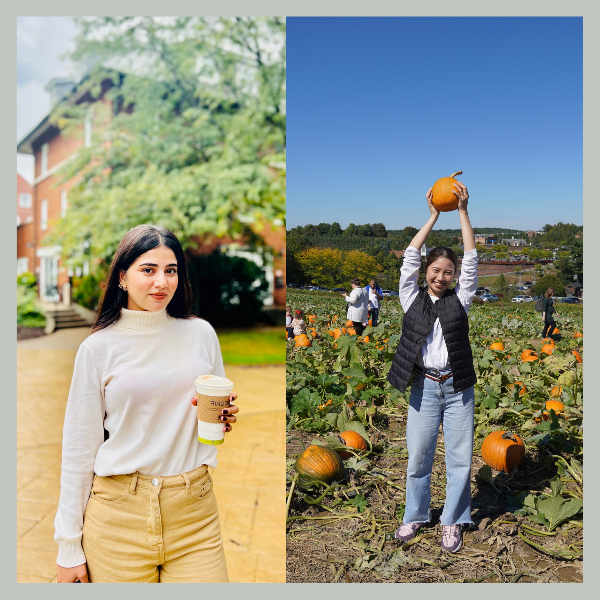 Two photos side by side, 一个年轻女子在地里拿着南瓜，另一个年轻女子在阴凉的校园里拿着咖啡杯